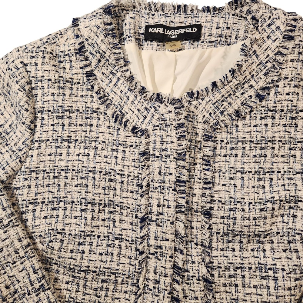 Karl Lagerfeld Paris Jacket Womens Large White Navy Tweed Fringe Open Front